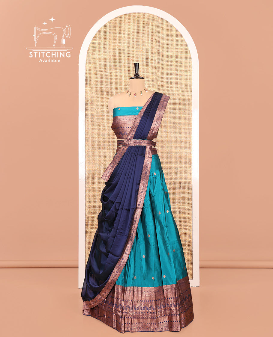 Rama Green Semi-Banarasi Half-Saree Featuring Buttas Skirt, Contrast Traditional Border, Matching Blouse, Satin Georgette Dhavani