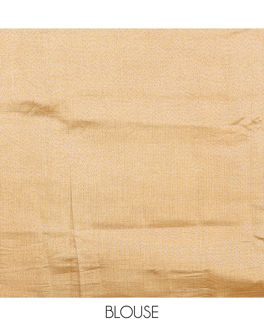 Sandal Semi-Tussar Saree Highlighted by Zari Horizontal Stripes and Thread Floral Designs, Featuring a Subtly Woven Temple Zari Border, a Striped Pallu, and a Matching Blouse