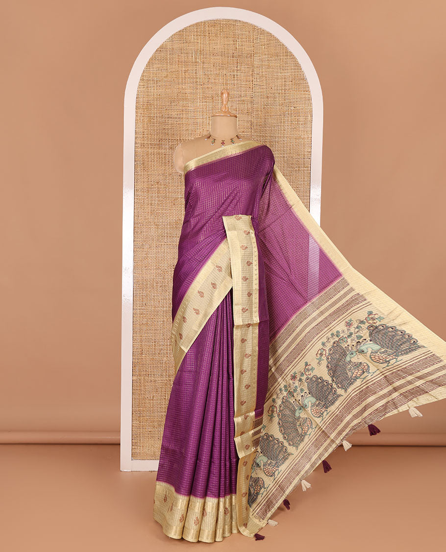 Purple gold zari checked katan silk saree with contrast traditional zari border of peacock print, peacock printed pallu, and contrast printed blouse