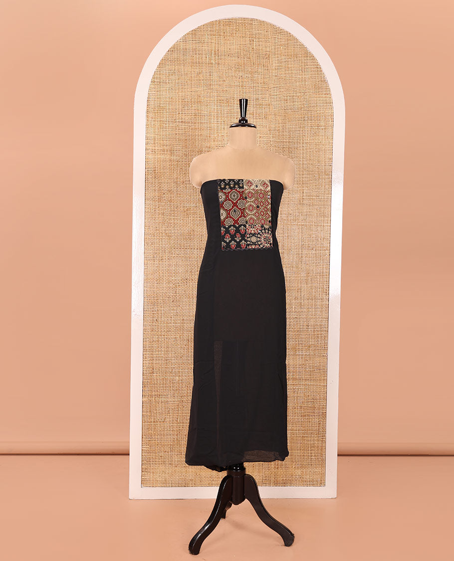 Black Material Chudidhar Set, Accentuated with Ajrakh-Style Print and Mirror Work Fox Georgette Top, Santoon Plain Bottom, and Georgette Dupatta of Ajrakh Print and Mirror Work