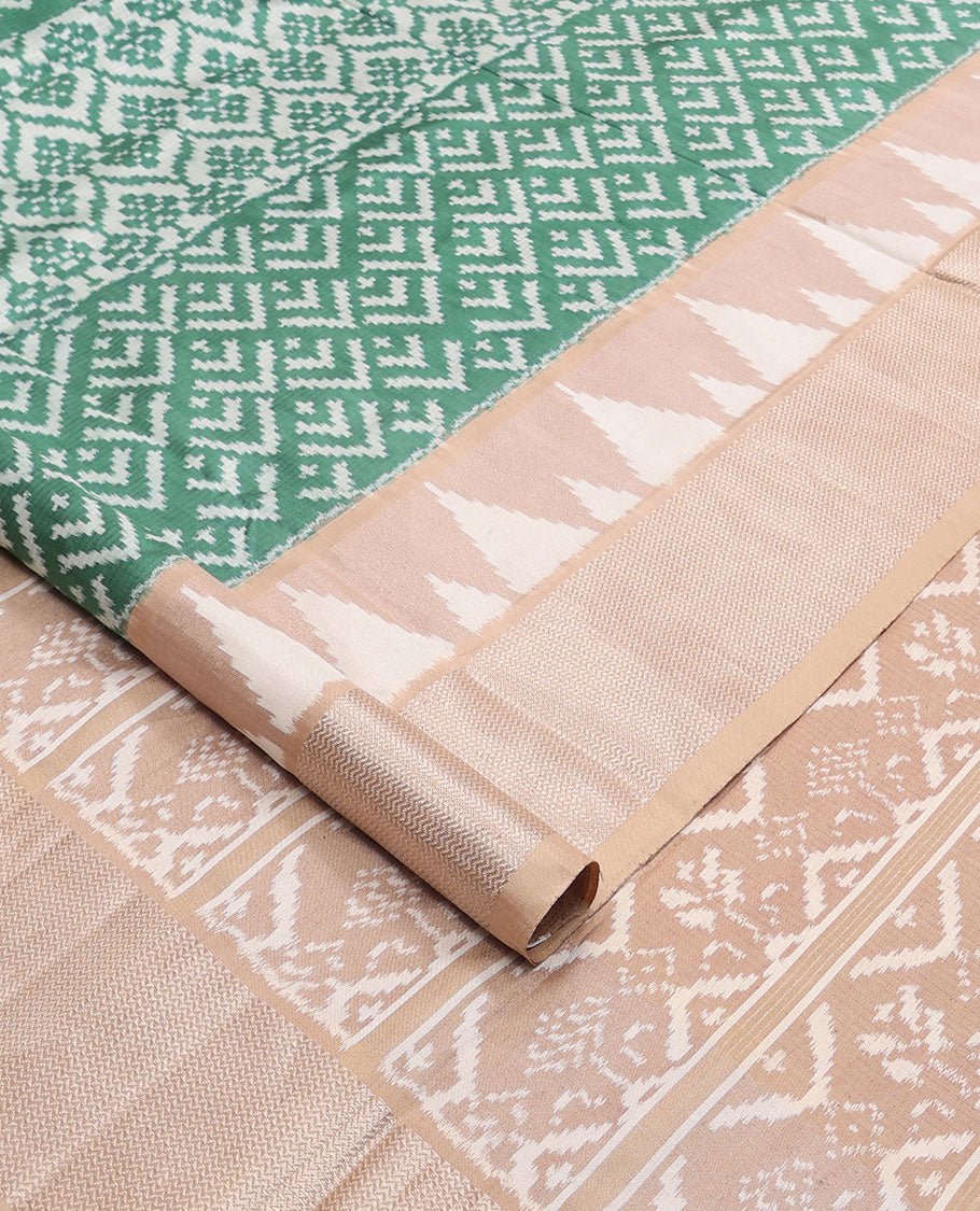 Green ikkat pure silk saree with floral & chevron ikkat design, contrast vidarbha border & ikkat design pallu