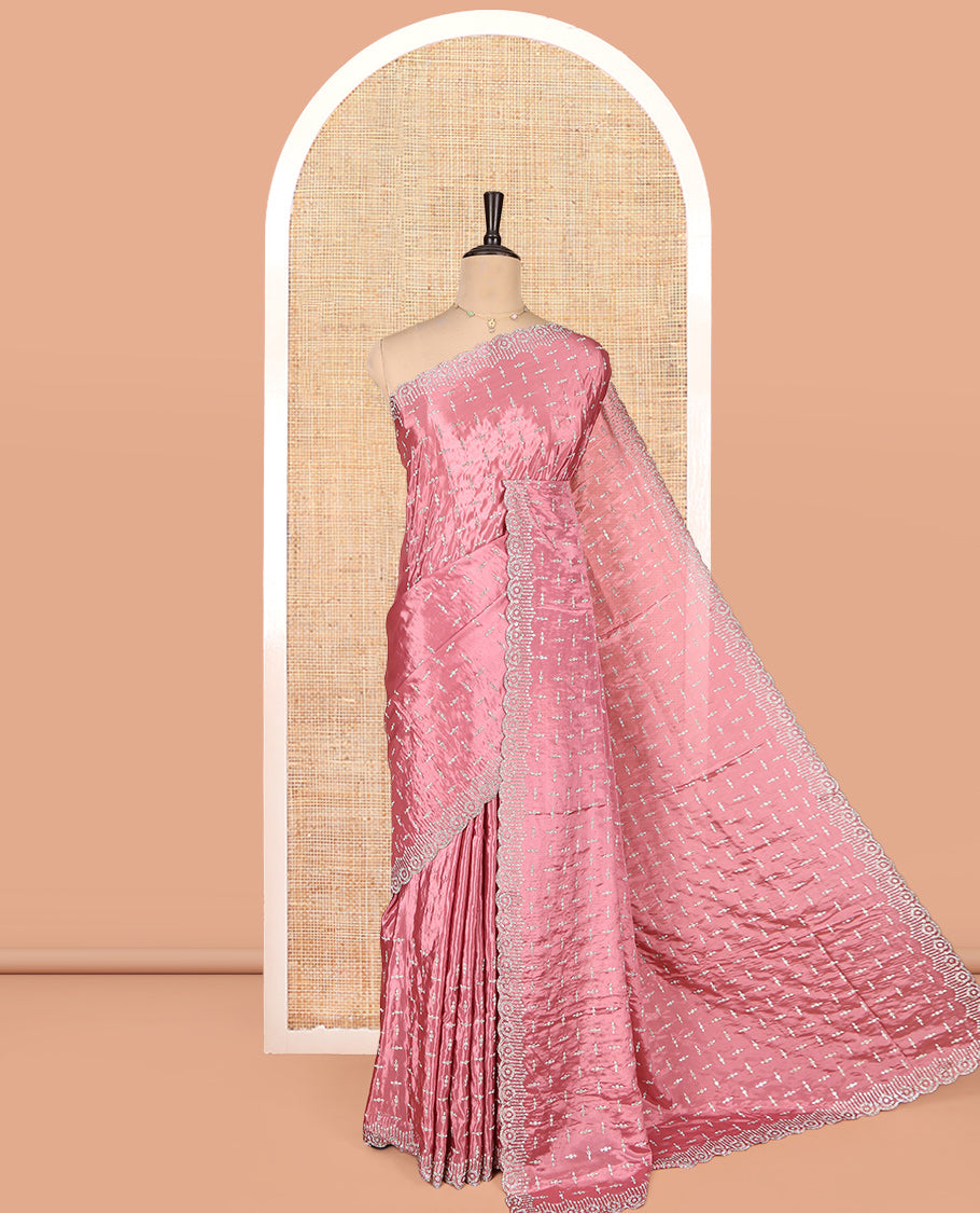 Pink Designer Saree, Subtly Enriched with Stonework, a Scallop Stonework Border, and a Matching Blouse
