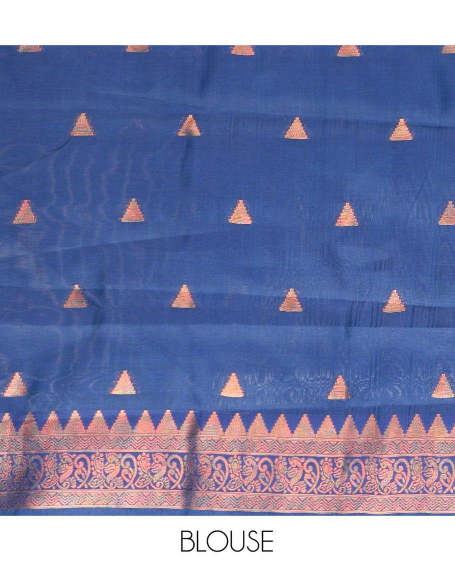 Rama Blue Litchi Chettinad Saree Features Zari Design, Contrast Traditional Border, Contrast Blouse
