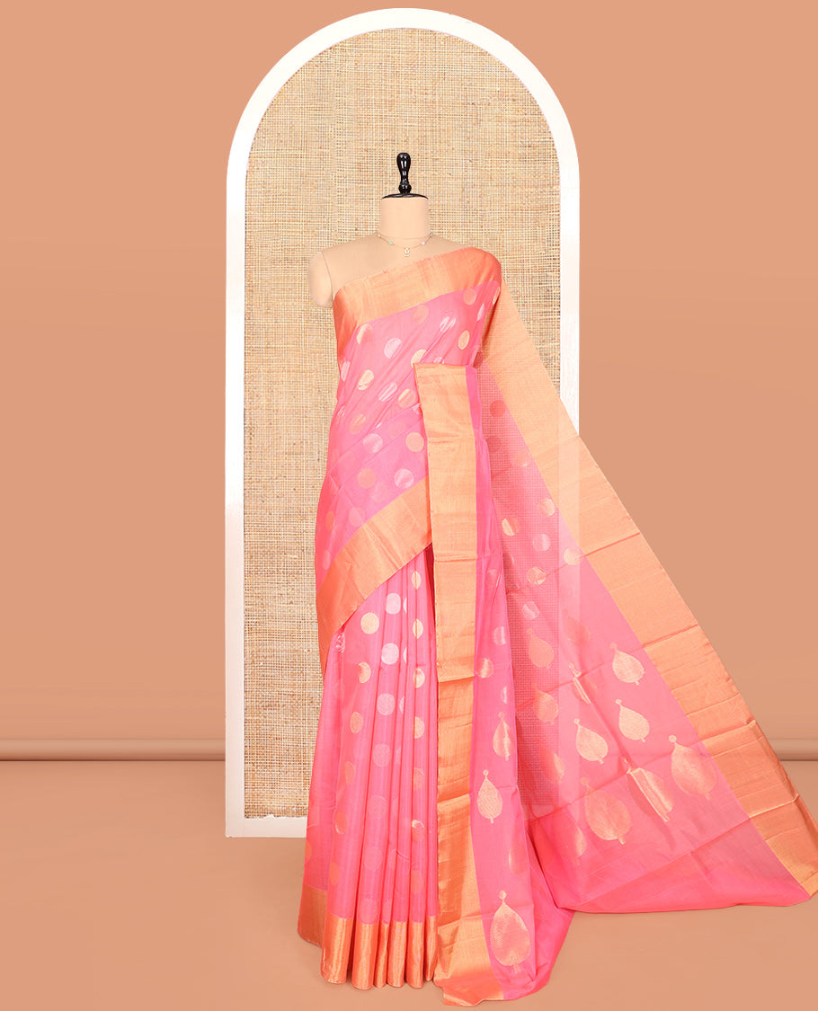 Pink Silk Cotton Saree, Prettified with Polka Dot Buttas, a Gleaming Bavanji Border, Pallu of Intricate Designs, and a Matching Blouse