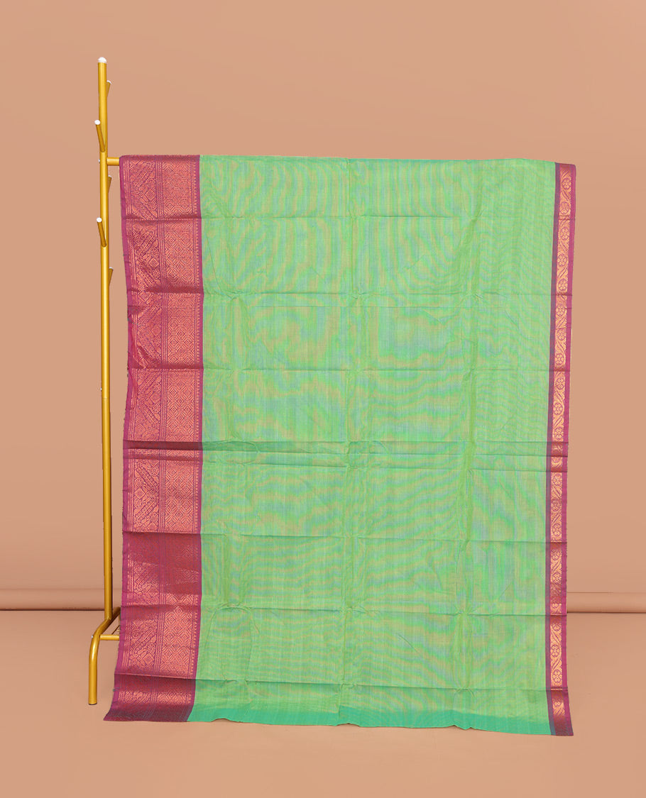 Green Chettinad Cotton Saree, Complemented by a Contrast Traditional Zari Border, Pallu of Stripes, and Paired with a Matching Blouse