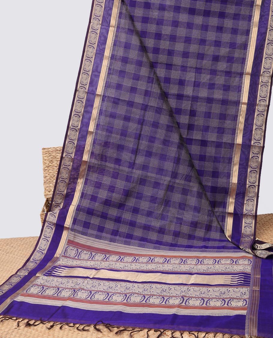 Violet checked cotton silk saree with self zari design border & intricate zari design pallu