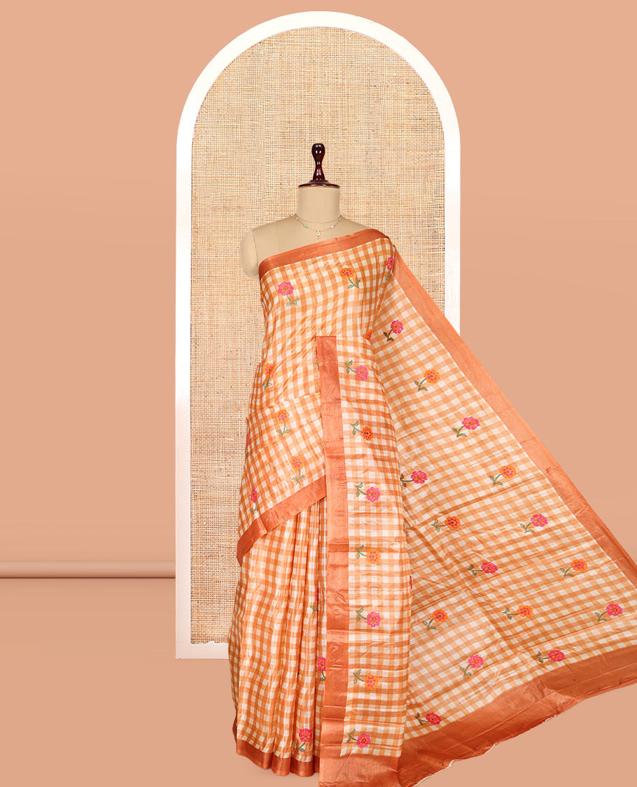 Orange Tusser Silk Saree, Adorned with Checks, a Contrast Border, Self-Pallu, and a Matching Blouse
