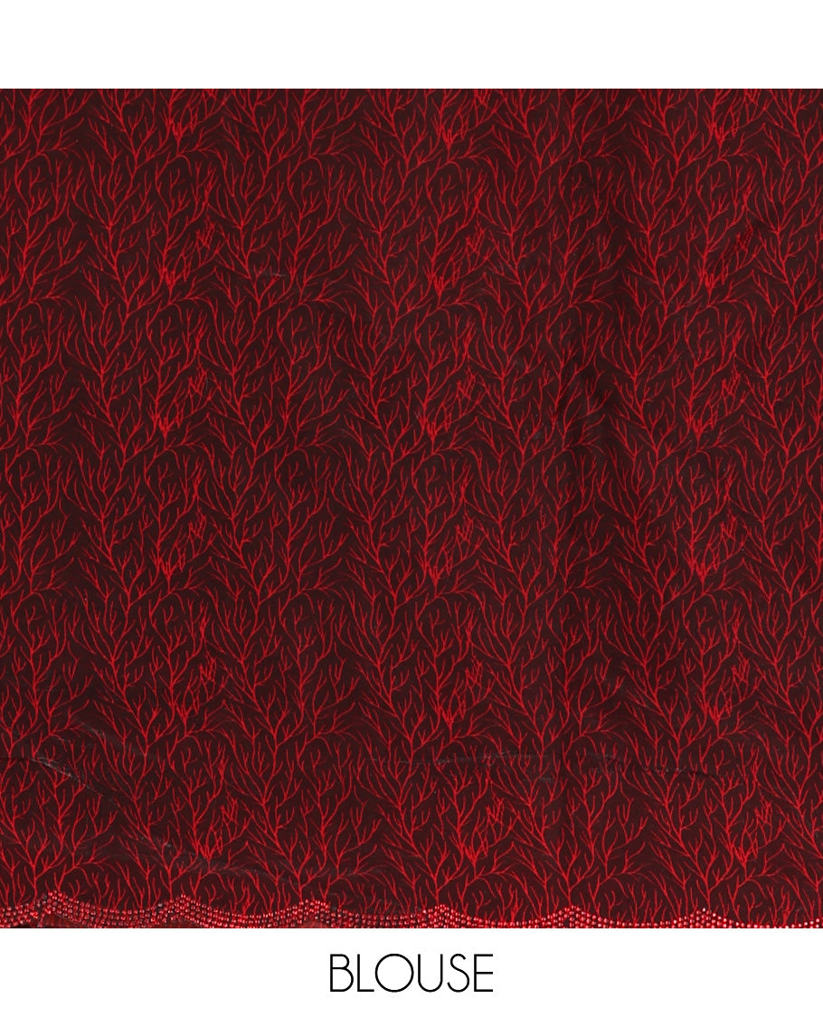 Red with maroon digital print, diamond work fendy satin saree with stone work border