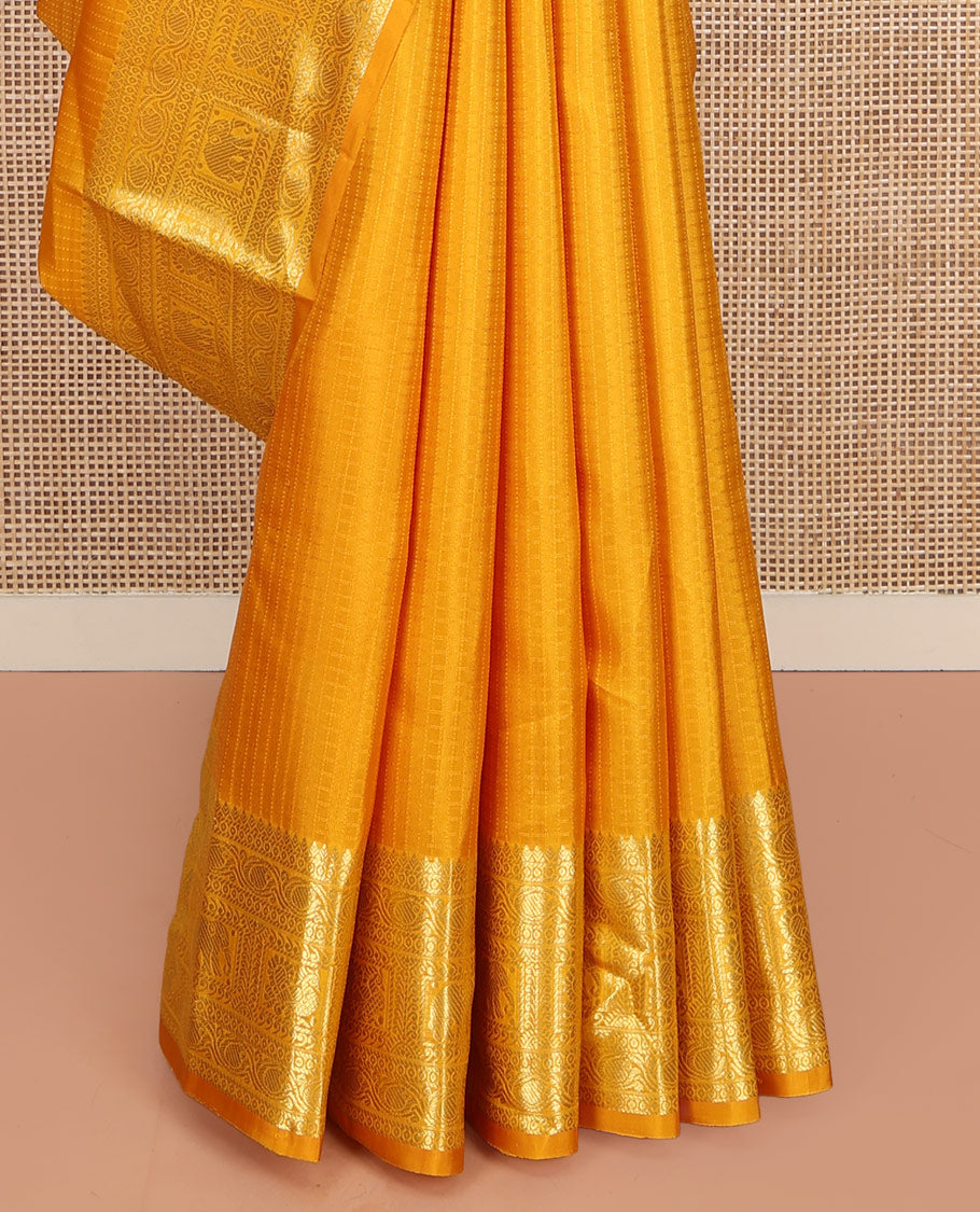 Yellow Kanchipuram Silk Saree, Sparsely Woven with Checked Design All Over Its Body, Highlighted by a Zari Border of Manga, Yaanai, and Mayil Designs, Pallu of Jaal Designs, and Paired with a Matching Blouse