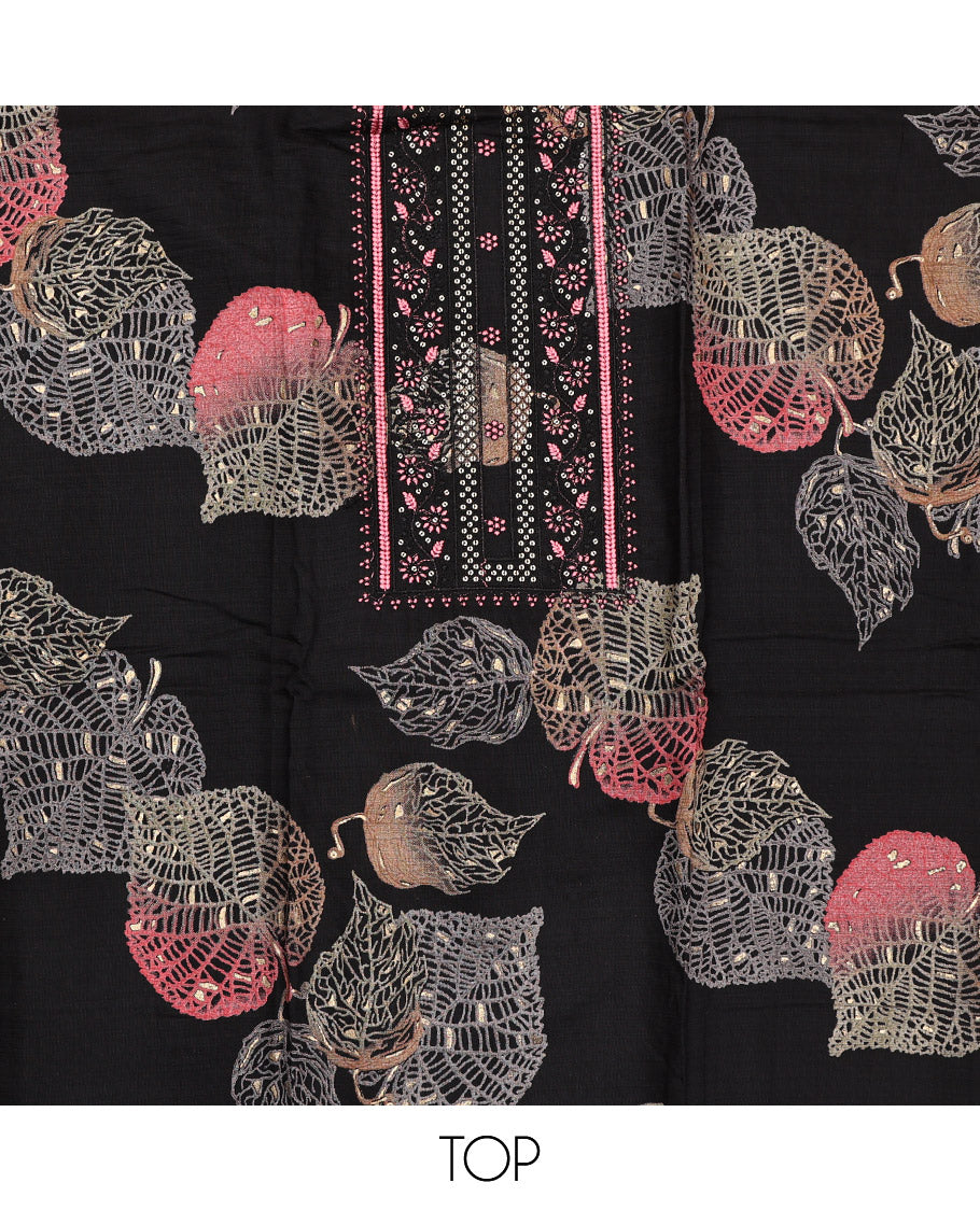 Black Material Chudidar Set, Decorated with Leaf Print and Neck Embroidery on Rayon Top, a Contrast Plain Rayon Bottom, and Paired with a Contrast Sequins Embroidered Chanderi Silk Dupatta