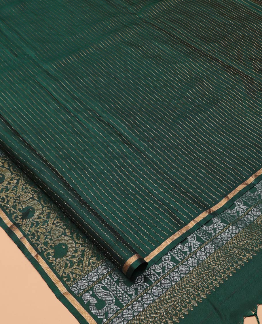 Dark Green Muthu-Striped Mayuri Silk-Mix Saree, a Piping Border, Kili-Motif Pallu, and Matching Blouse