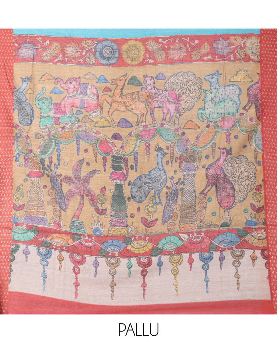 Blue Plain Fancy Tussar Silk Saree, Contrast Triangle Motif Border, Pallu of Kalamkari Peacock Motifs, and Contrast Kalamkari Printed Blouse