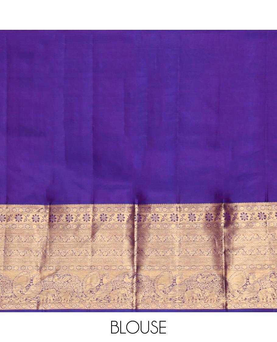 Violet Kanchipuram Wedding Silk Saree, Accentuated with Jacquard Design, a Zari Border of Thilakam, Poun, Diamond, Kodi Visiry, Mayil, and Yaanai, Grand Pallu, and a Matching Blouse