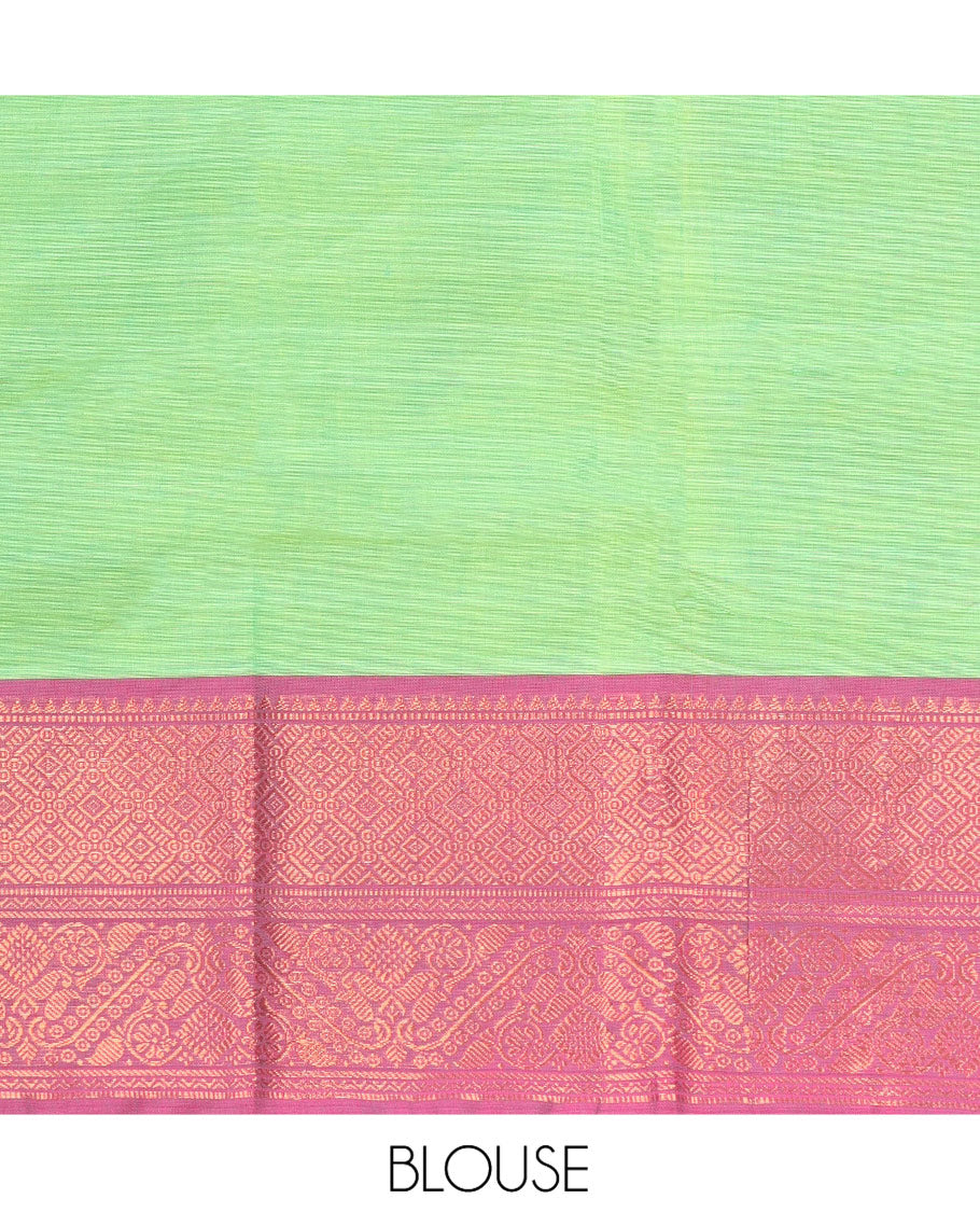Green Chettinad Cotton Saree, Complemented by a Contrast Traditional Zari Border, Pallu of Stripes, and Paired with a Matching Blouse