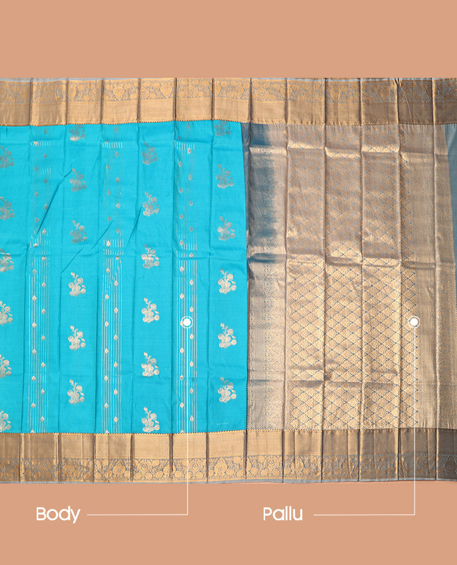 Blue Budget Silk Saree, Graced with Zari Buttas, Complemented by a Contrast Traditional Zari Border, Grand Pallu, and a Contrast Blouse