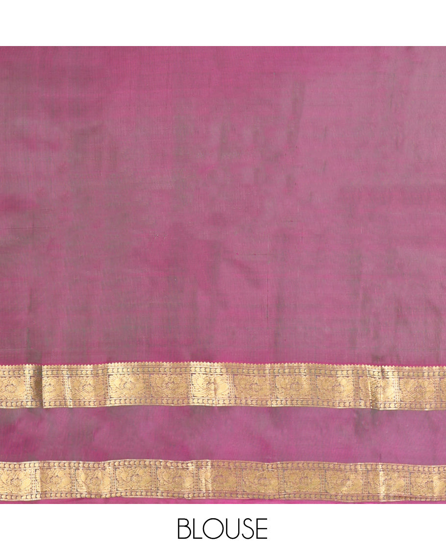 Green Vasundhara Lite-Silk Mix Saree, Bedecked with Zari Buttas, Complemented by a Contrast Rettai Pettu Mayil Border, Jaal Pallu, and a Contrast Blouse