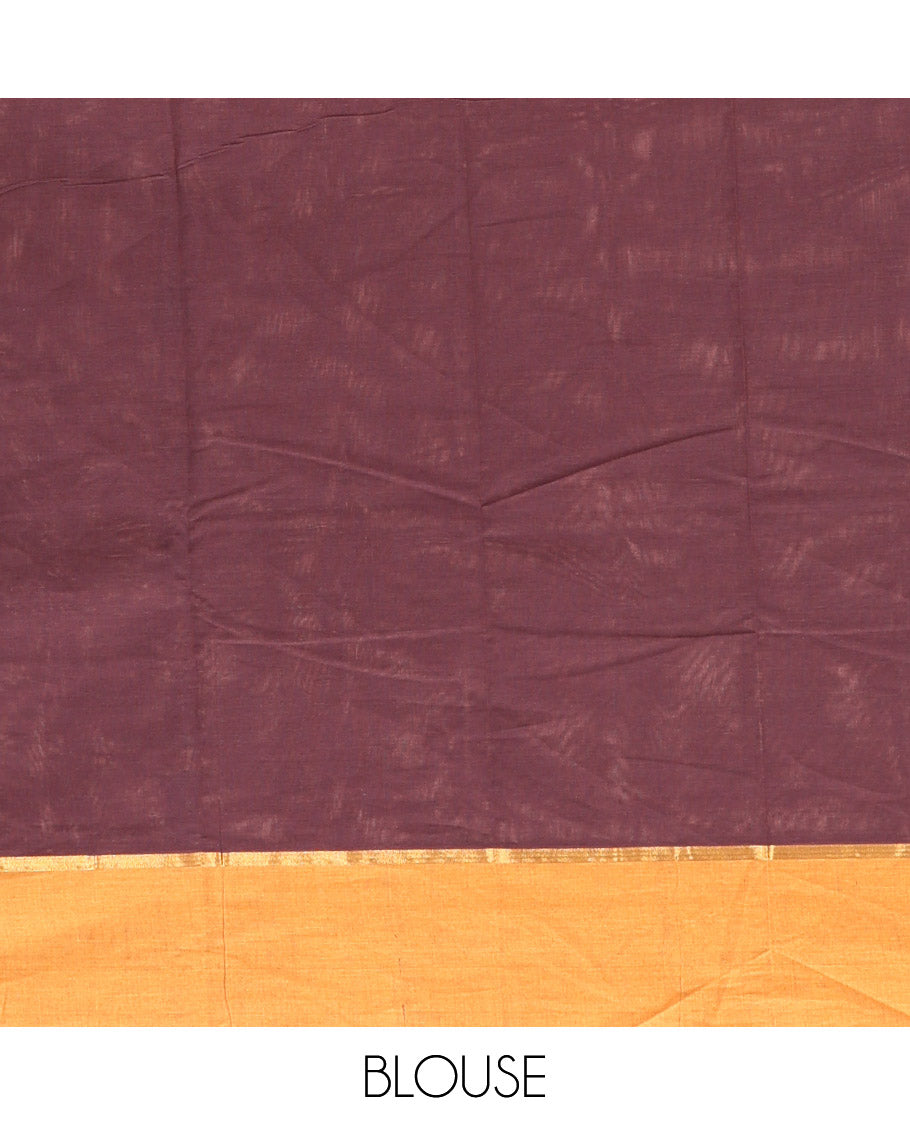 Brown Kanchi Cotton Saree, Woven with Buttas All Over Its Body, a Complemented by Contrast Border, Pallu of Intricate Designs, and Paired with a Matching Blouse