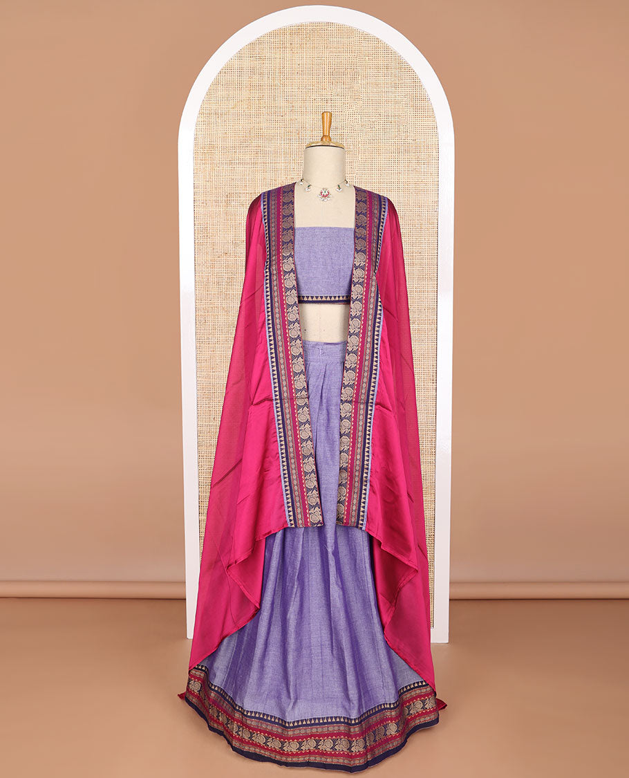Lavender cotton half saree with contrast zari design border, zari design blouse & temple, peacock design border dhavani