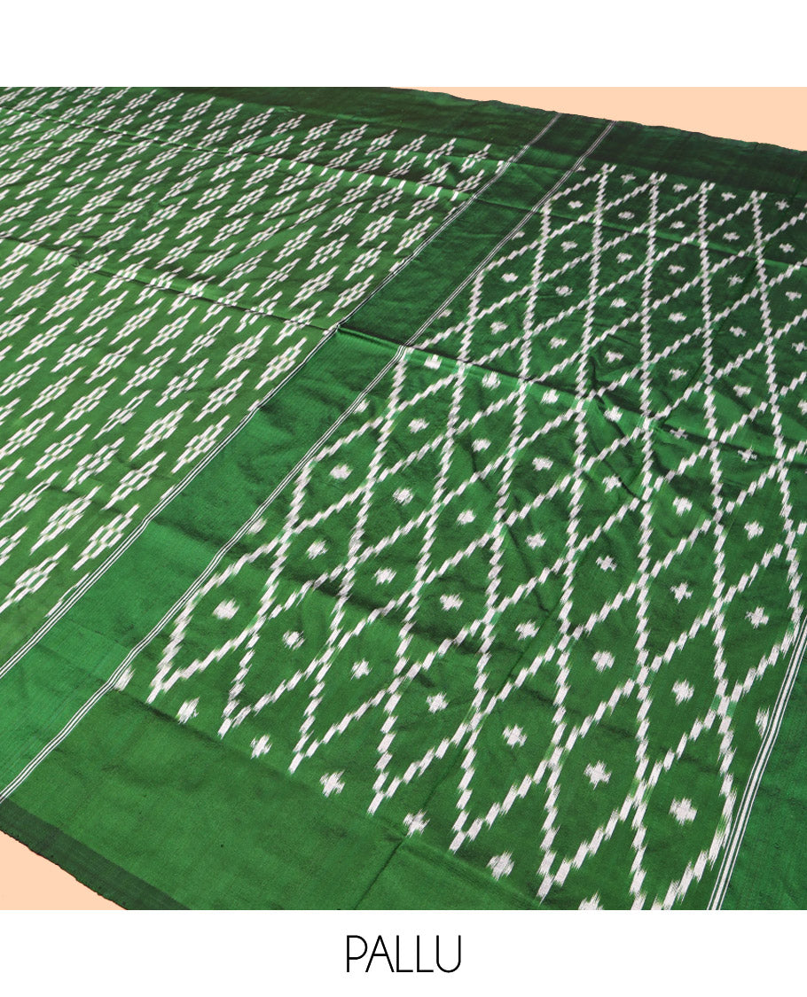 Borderless Green Pochampally Ikat Silk Saree, Steeped with Ikat Buttas, an Ikat-Style Jaal Pallu, and No Blouse