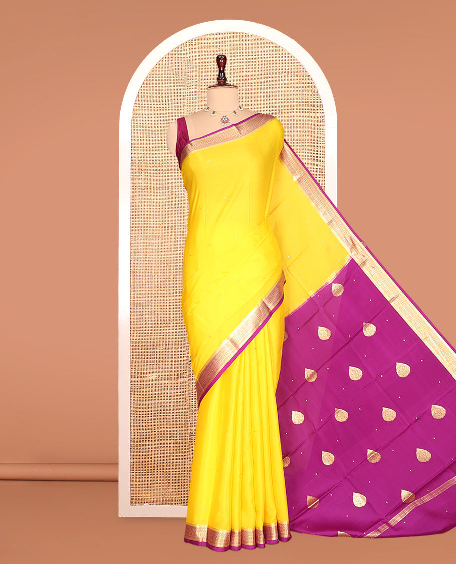 Yellow Zari Buttas Mysore Silk Saree, Complemented by a Contrast Traditional Zari Border, Zari Design Pallu, and a Contrast Blouse