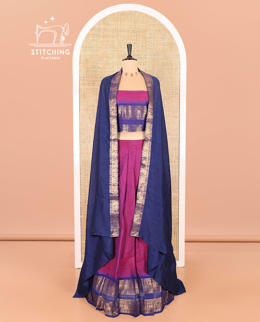 Majenta-Rani Pink Chettinad Cotton Half-Saree Featuring a Plain Skirt, Highlighted with a Contrast Peacock-Elephant Motifs Woven Rettai Pettu Zari Border, a Subtly Woven Matching Blouse, and a Vichitra Silk Contrast Traditional Zari-Bordered Dhavani