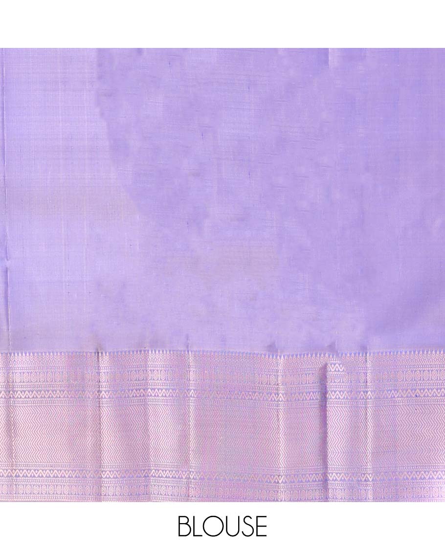 Dark blue buttas kancheepuram silk saree with contrast border of thilakam mokku, muthu, banaras, paun design & zari design pallu