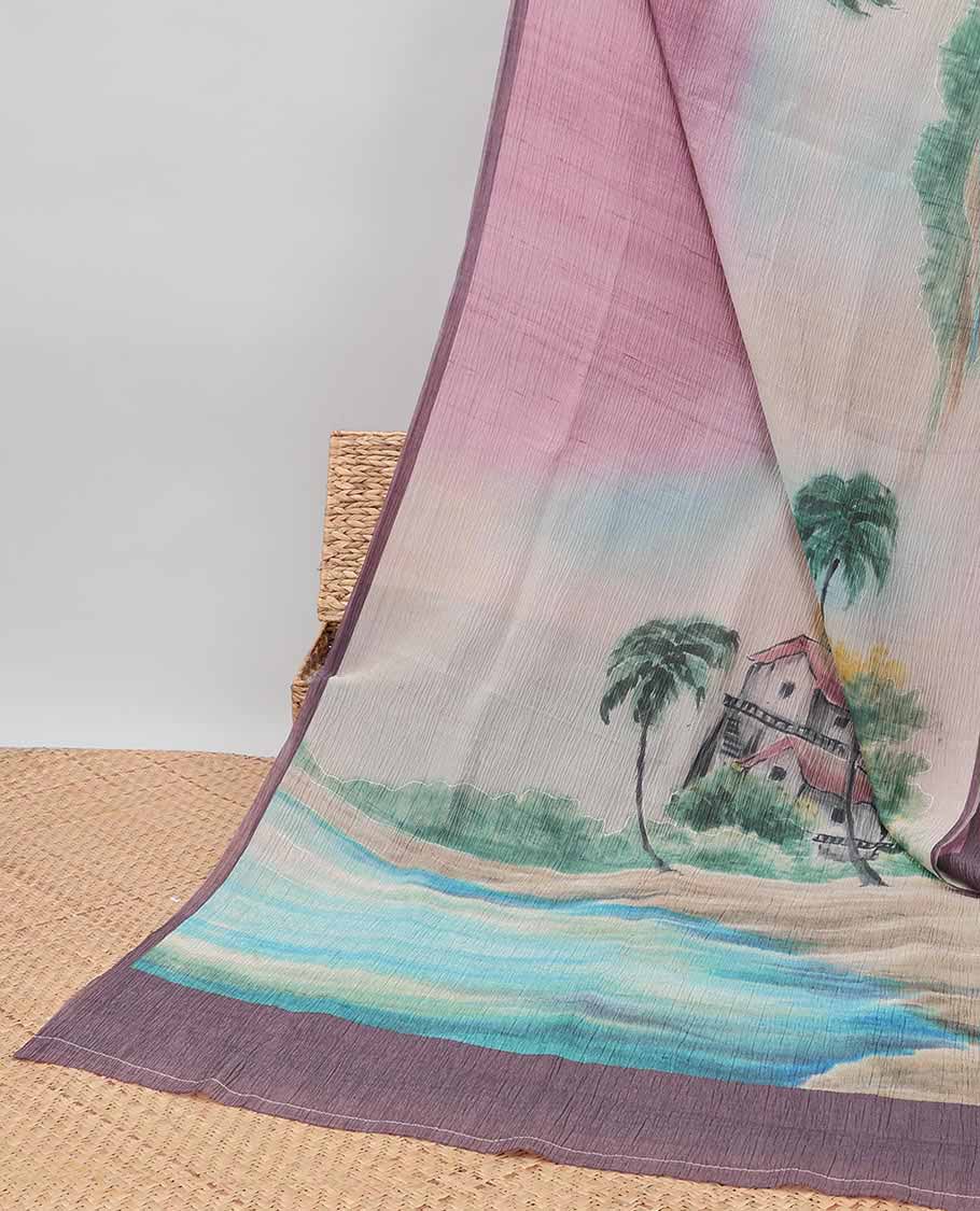 multi-color lake house design printed crush tissue saree with contrast palin border