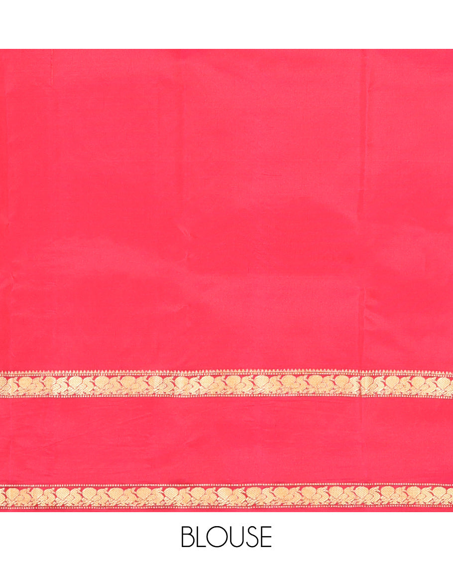 Orange Vasundhara Lite Silk Mix Saree, Ornamented with Zari Buttas, a Contrast Rettai Pettu Border of Mayil Designs, Jaal Pallu, and a Contrast Blouse
