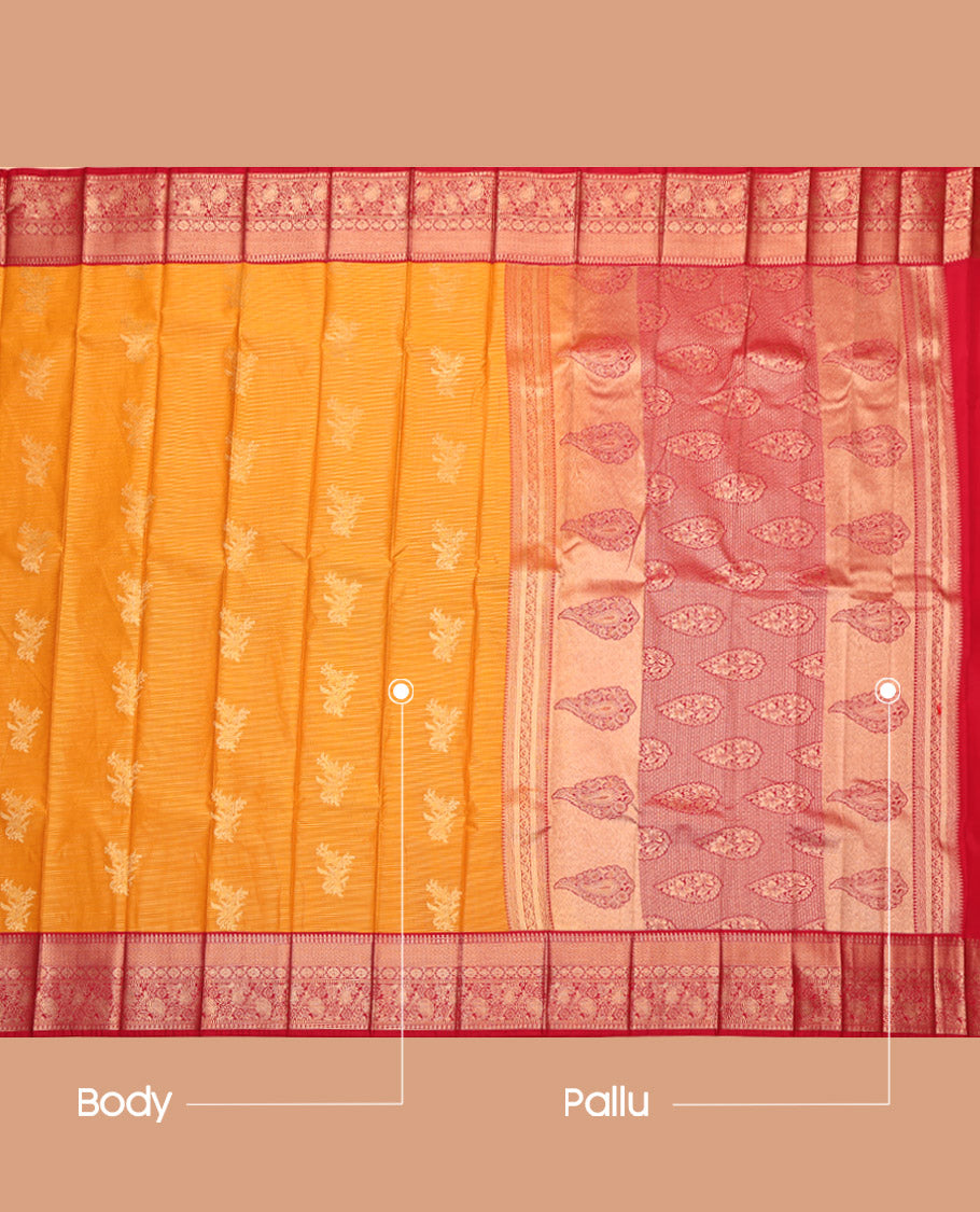 Orange Budget Silk Saree, Embellished with Zari Buttas and Stripes, Complemented by a Contrast Traditional Zari Border, Intricately Designed Pallu, and a Contrast Blouse