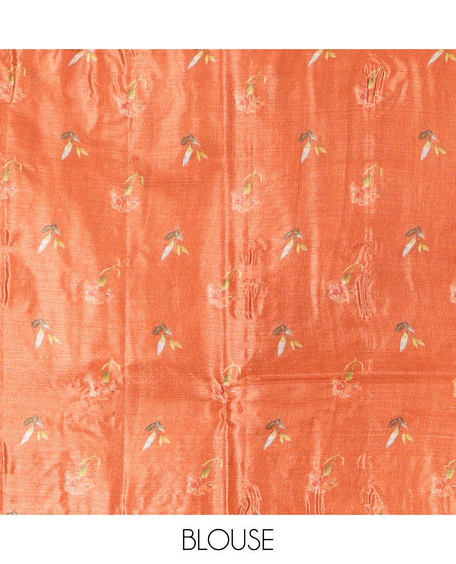 Orange Tusser Silk Saree, Adorned with Checks, a Contrast Border, Self-Pallu, and a Matching Blouse