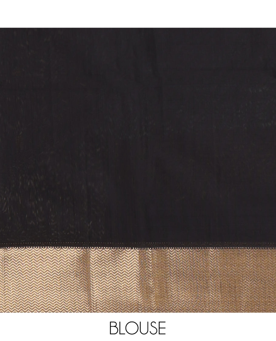 Black Maheshwari Cotton Saree, Accentuated with Buttas, Highlighted by a Traditional Zari Border, Pallu of Chevron Stripes, and a Matching Blouse