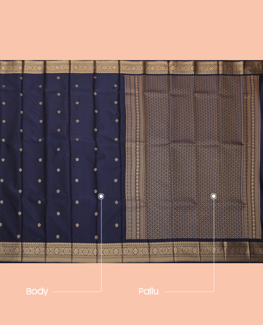 Navy Blue Budget Silk Saree, Embellished with Zari Buttas, Highlighted by a Traditional Zari Border, Intricate Pallu, and Matching Blouse