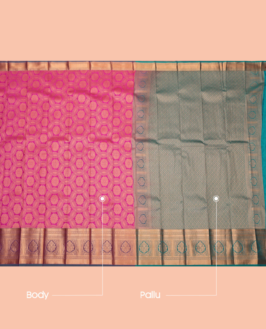 Pink Budget Silk Saree, Ornamented with a Jacquard Design, Complemented by a Contrast Traditional Zari Border, Intricate Pallu, and Contrast Blouse