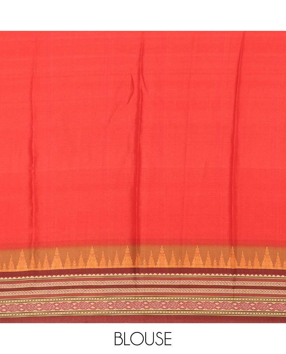 Teal blue floral printed Italian crepe saree, contrast temple printed border, striped pallu, and a printed bordered blouse