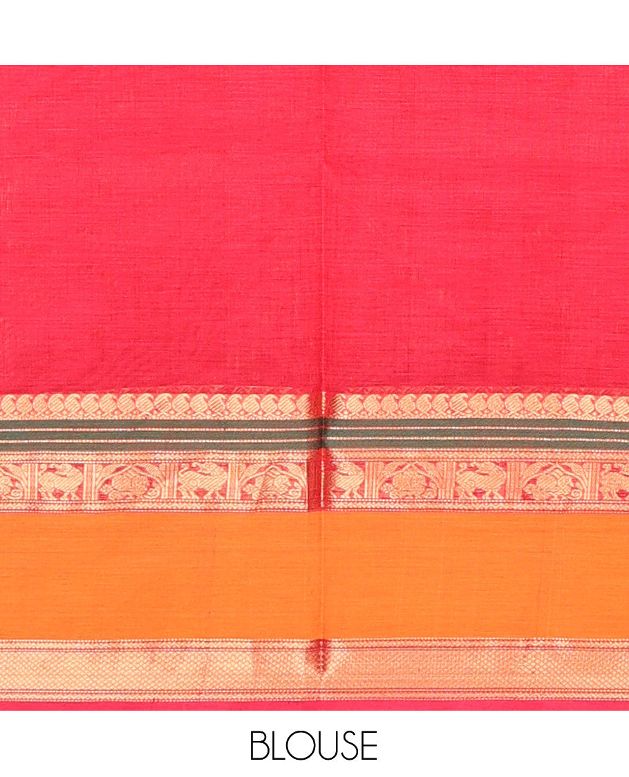 Red Buttas-Checked Kuppadam Silk Saree, a Contrast Double-Pet Peacock-Yazhi Border, Grand Pallu, Matching Blouse