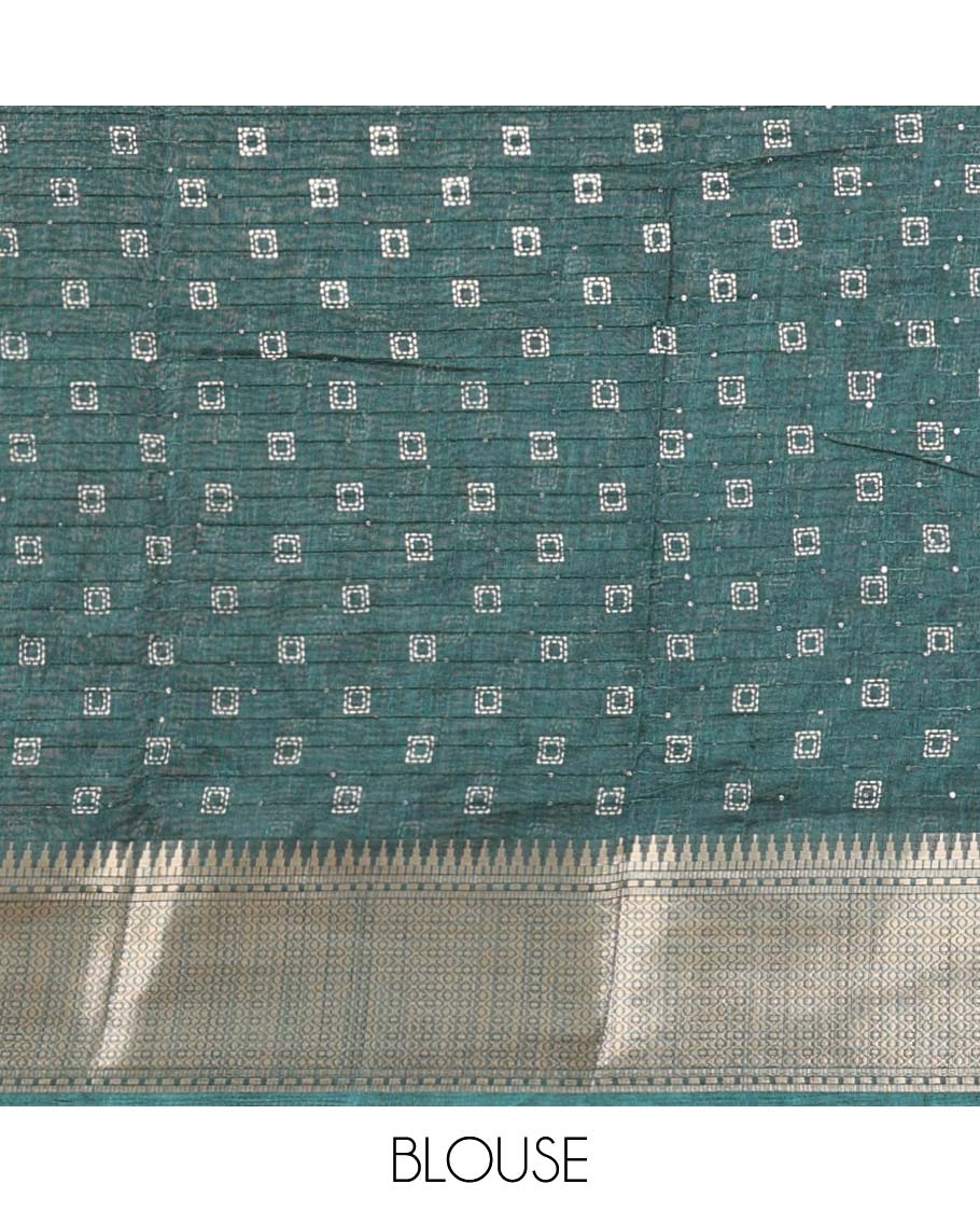 Olive green all-over vareli print, sequence line dola silk saree with contrast copper thread gatti border & small butti design print blouse