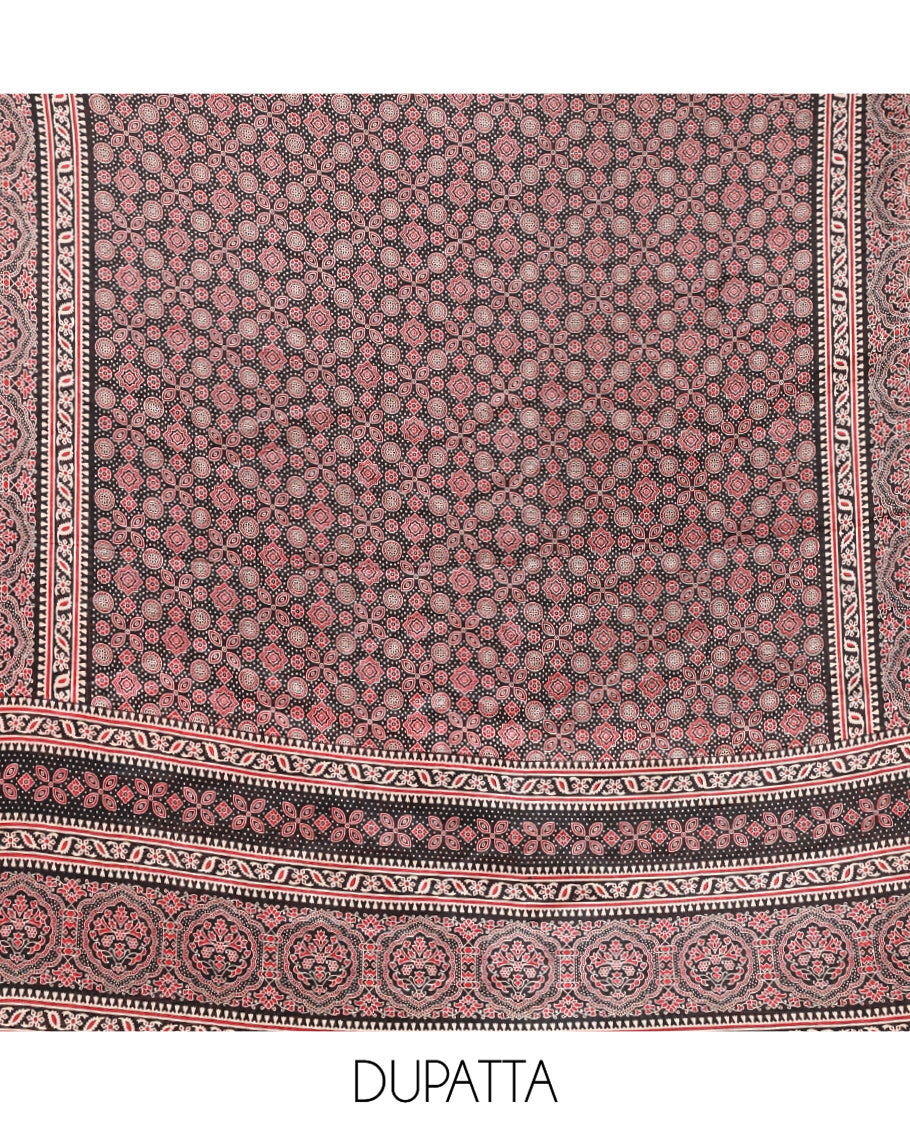 Black Material Chudidhar Set, Embellished with Ajrakh Patch Work and Mirror Work, Vichitra Silk Top, Plain Santoon Bottom, and Chinon Silk Dupatta Featuring Intricate Ajrakh Prints