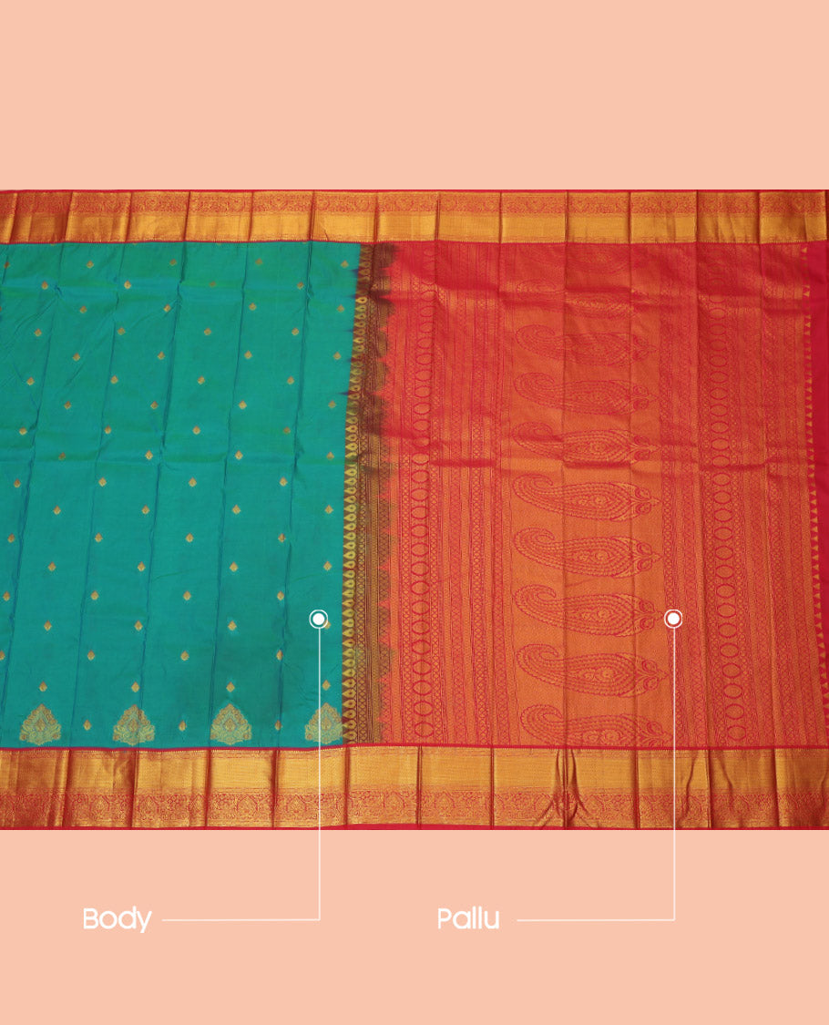 Blue Budget Silk Saree, Decorated with Zari Buttas, Complemented by a Contrast Traditional Zari Border, Grand Pallu, and Contrast Blouse