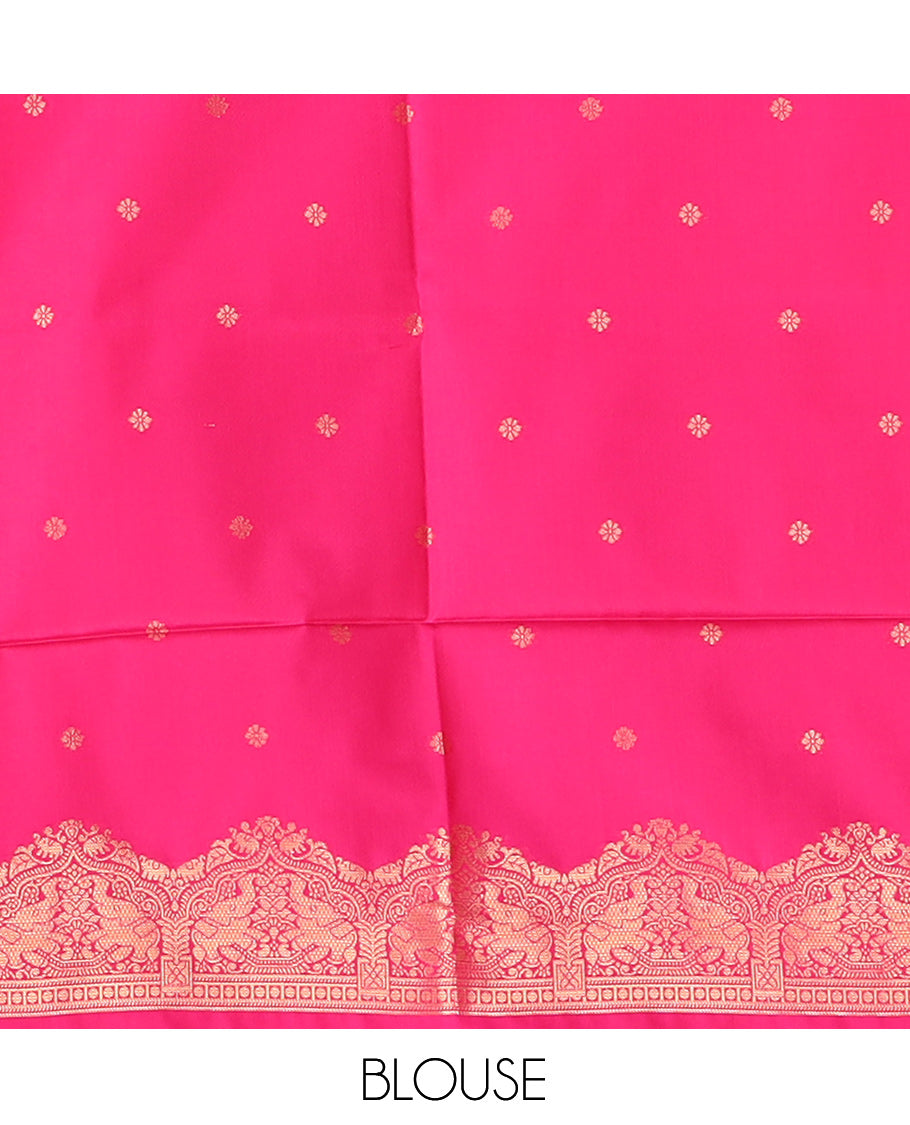 Rani Pink Zari Buttas Soft Silk Saree, Animal Motif Zari Border, Grand Pallu, Matching Blouse