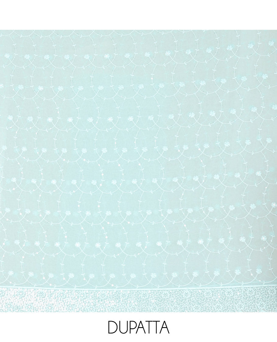 Blue Material Chudidar Set Features Sequin Embroidered Georgette Top, a Plain American Crepe Bottom, and a Scallop Dupatta Embellished with Floral Vine Embroidery