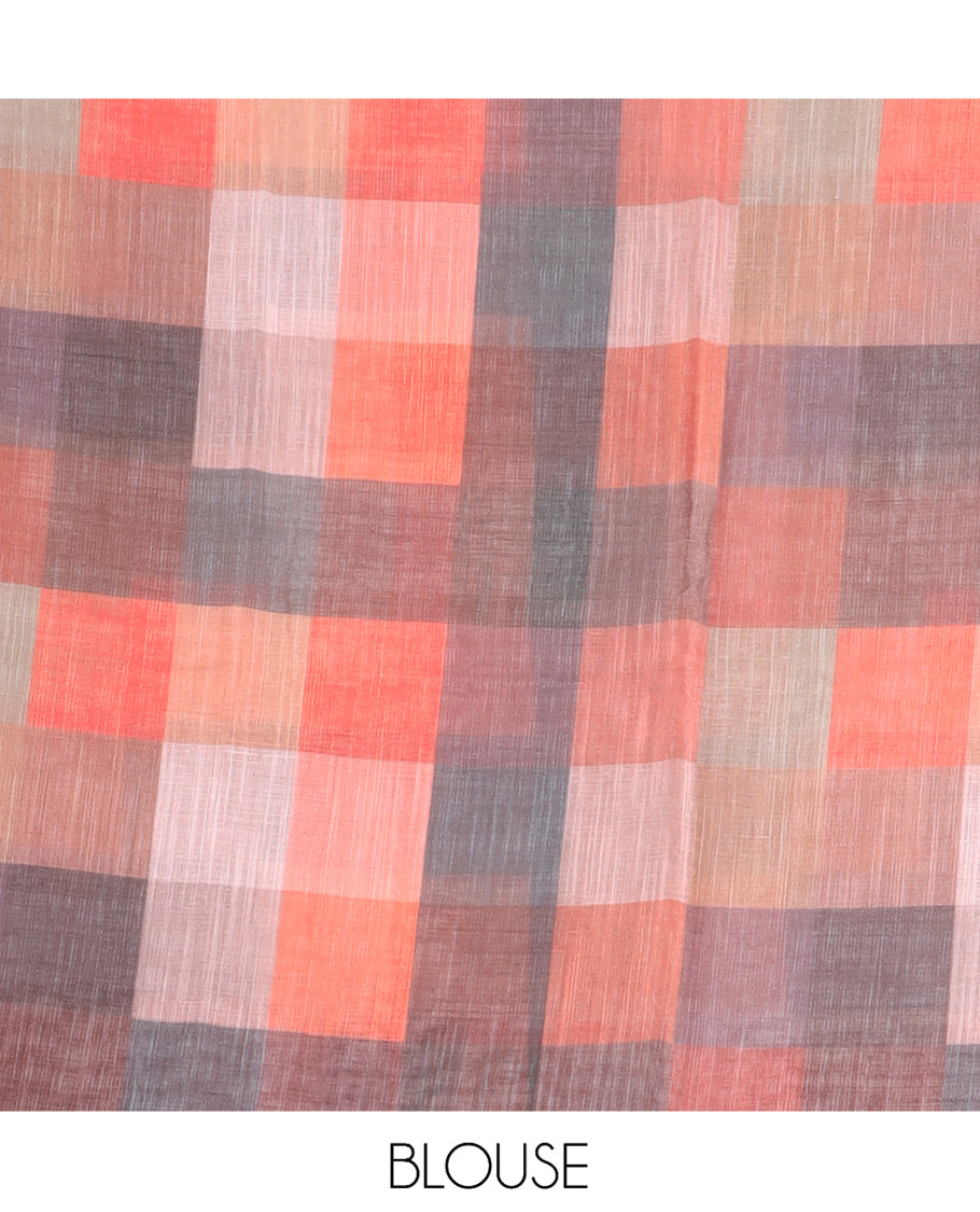 Cream-Rust Plain Handloom Cotton Saree, a Contrast Checked Border, Checked Pallu, and a Contrast Blouse