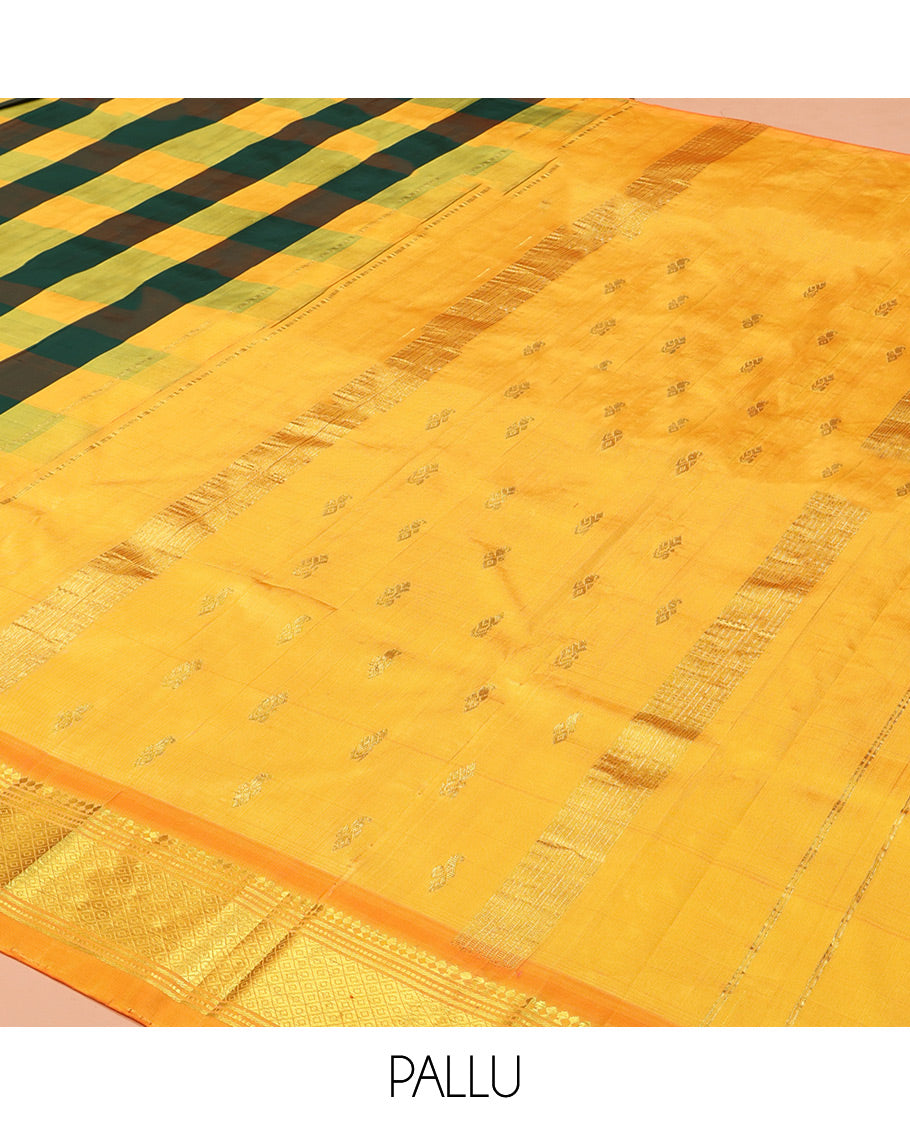 Multi-Color Kanchipuram Silk Saree, Elevated with Palum Pazhamum Checked Design on Its Body, Complemented by a Contrast One-Sided Border of Panner Sombu, Banaras, Muthu, and Mayil Kann Designs, Pallu of Zari Designs, and Comes Without a Blouse