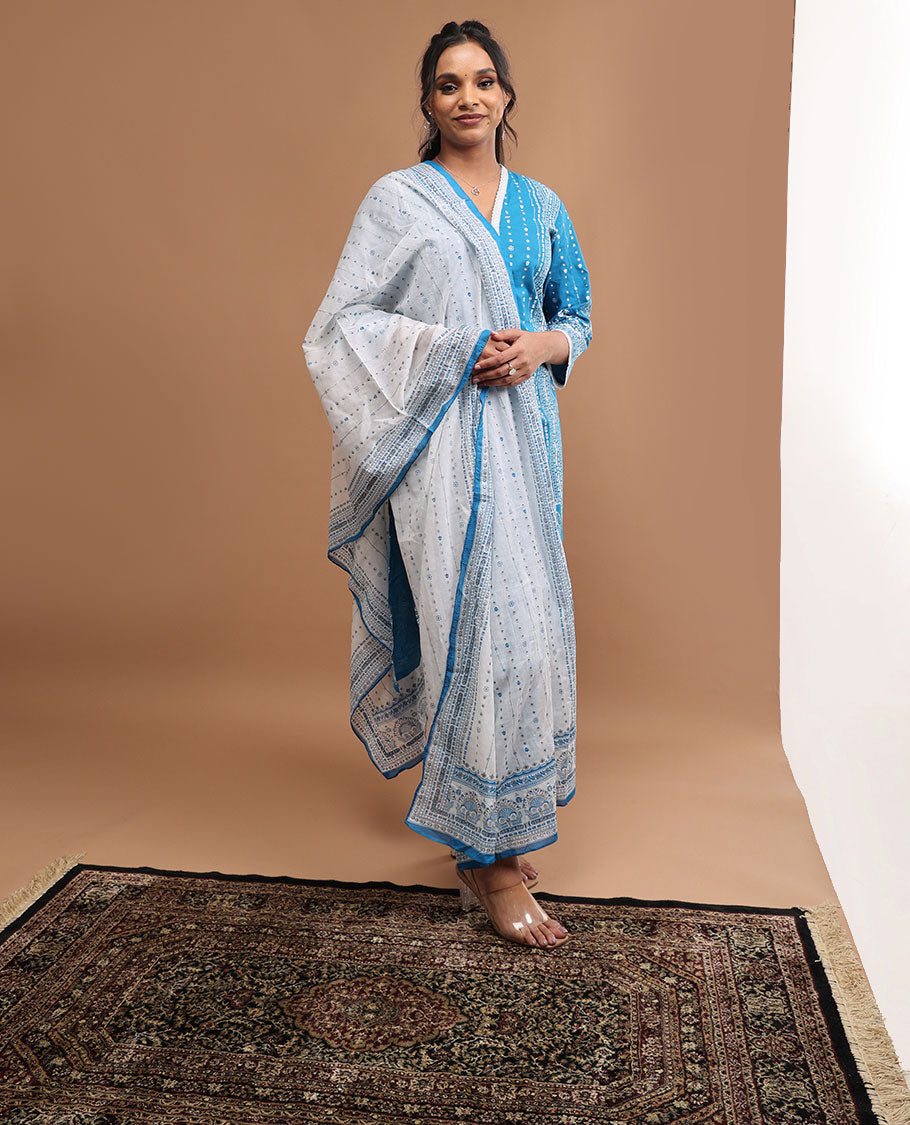 Blue floral design v neck, 3/4 th sleeve,below knee lenght top with straight pants & floral printed dupatta