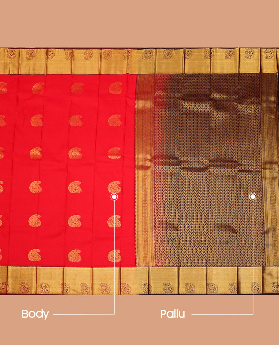 Red Budget Silk Saree, Delicately Woven with Zari Buttas on Its Body, Complemented by a Contrast Paisley Zari Border, Grand Pallu, and Paired with a Contrast Blouse