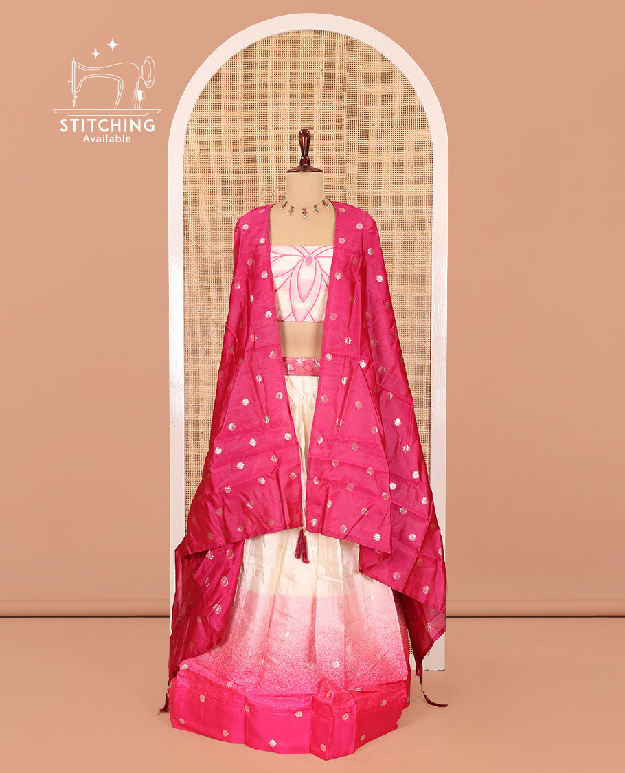 Cream-Pink Semi-Silk Half-Saree Features Flower Buttas Skirt, Contrast Border, Matching Blouse, Contrast Dhavani