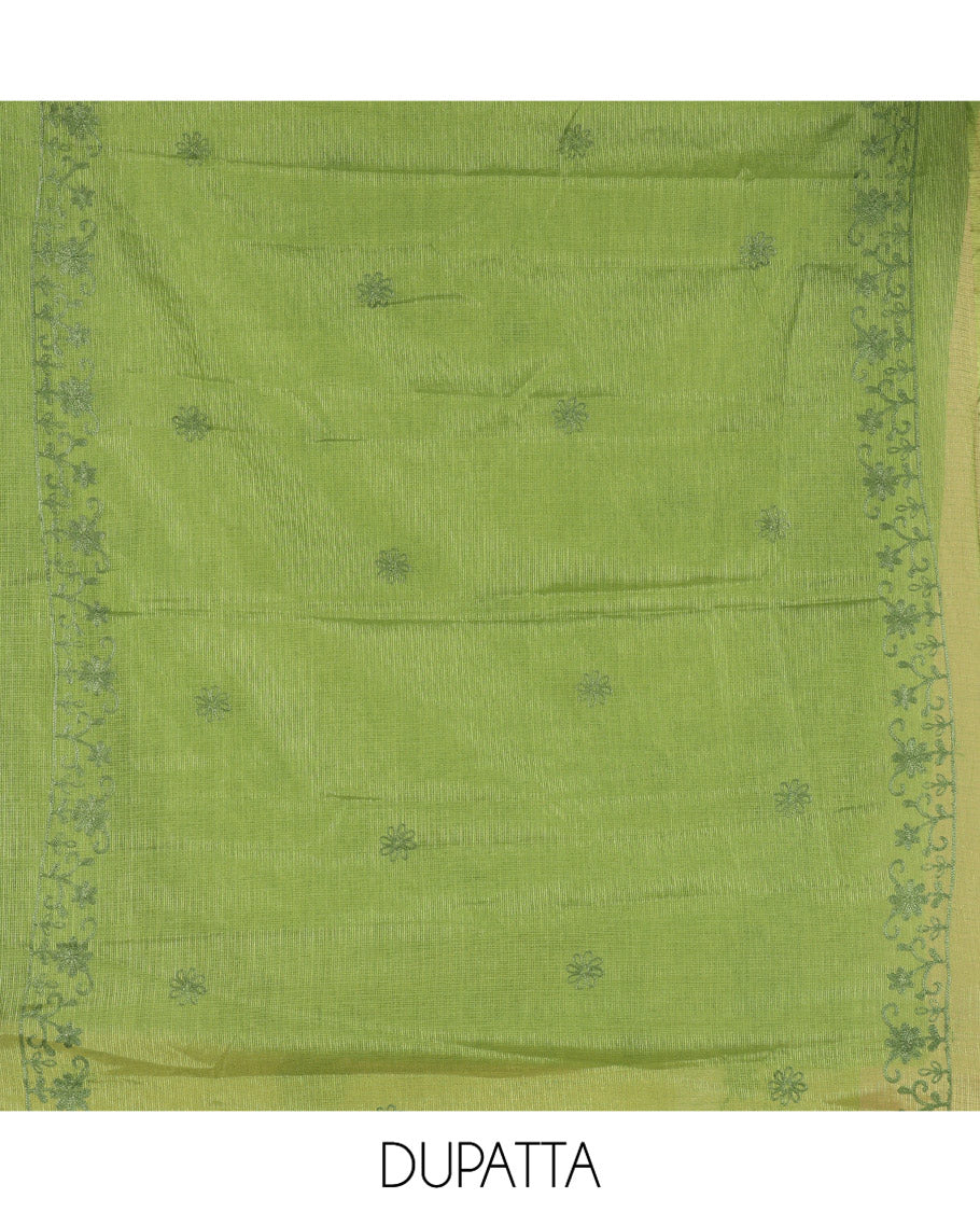 Leaf Green Kota Chex Material Chudiddar, Floral Vine Embroidered Top, Santoon Bottom, Embroidered Dupatta