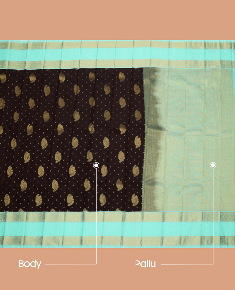 Brown Budget Silk Saree, Finely Crafted with Zari Buttas, Complemented by a Contrast Traditional Zari Rettai Pettu Border, Grand Pallu, and Contrast Blouse