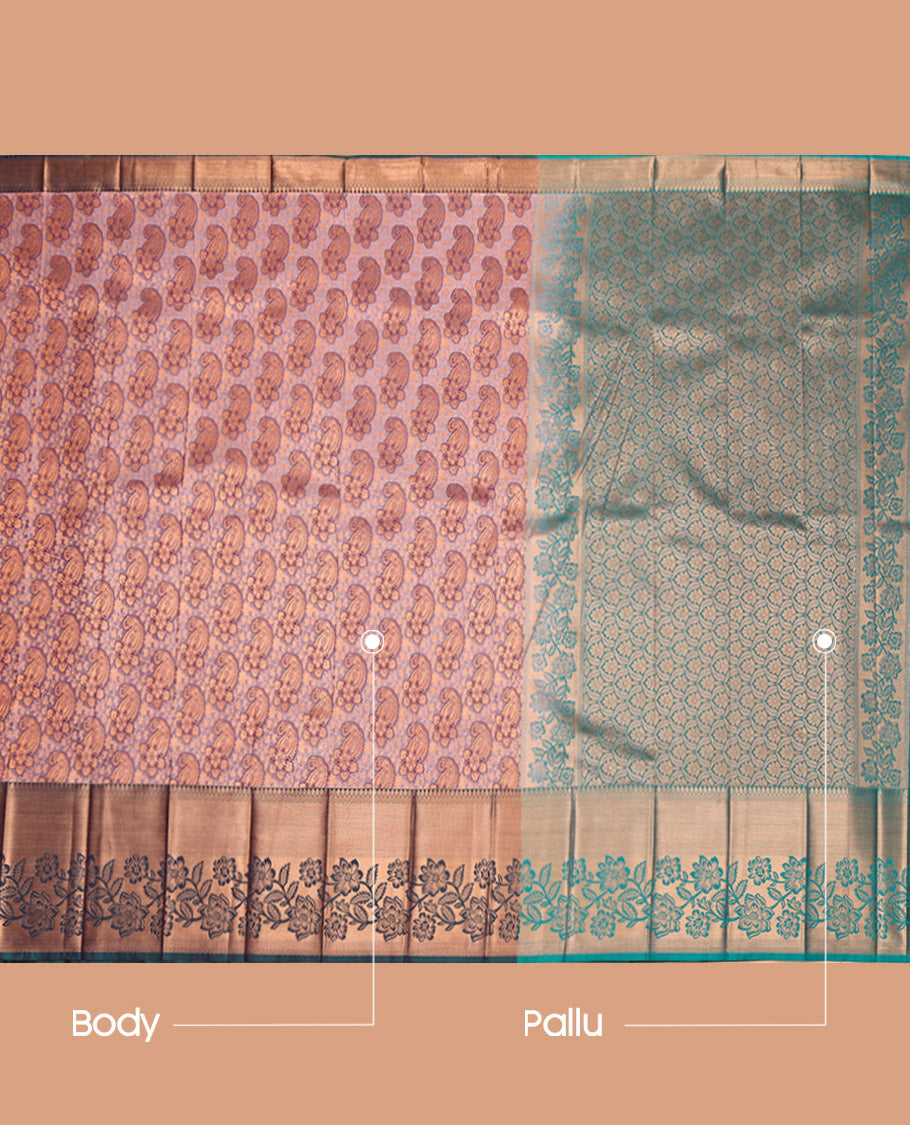 Grey Budget Silk Saree, Crafted with Paisley Jacquard, Complemented by Contrast Traditional Zari Border, Intricate Pallu, and a Contrast Blouse