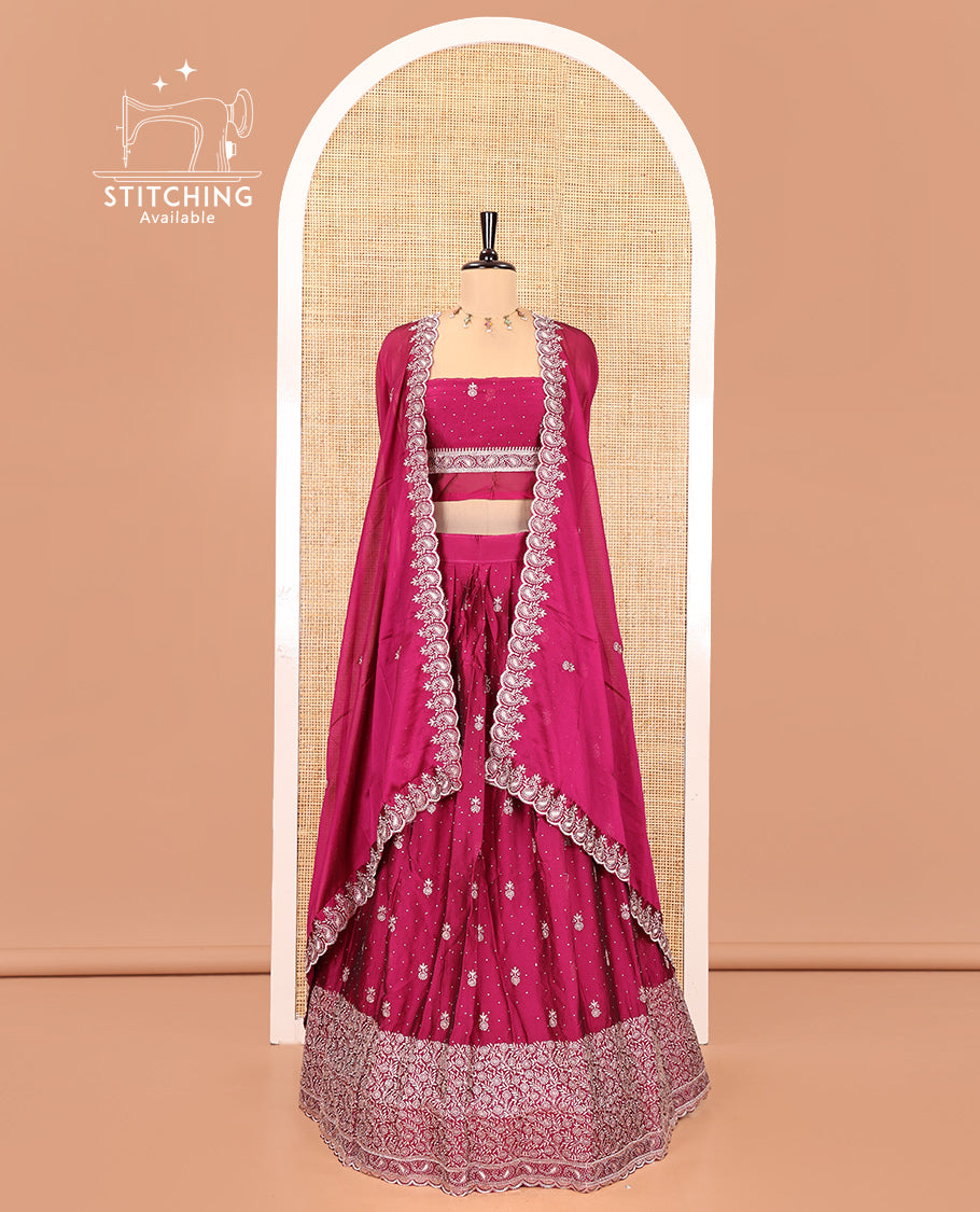 Magenta Georgette Half-Saree Featuring Embroidery Skirt, Floral Embroidered Border, Matching Blouse, Embroidered Dhavani