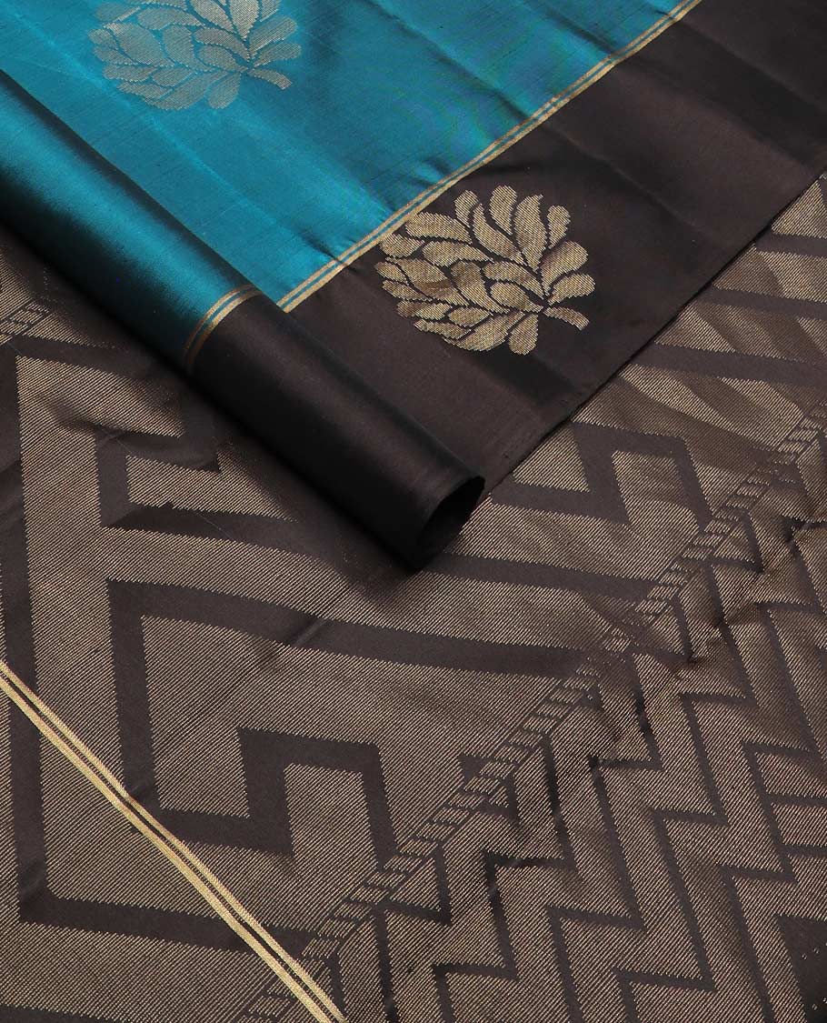 Blue zari buttas silk mix saree, contrast floral design border & pallu of geometric designs